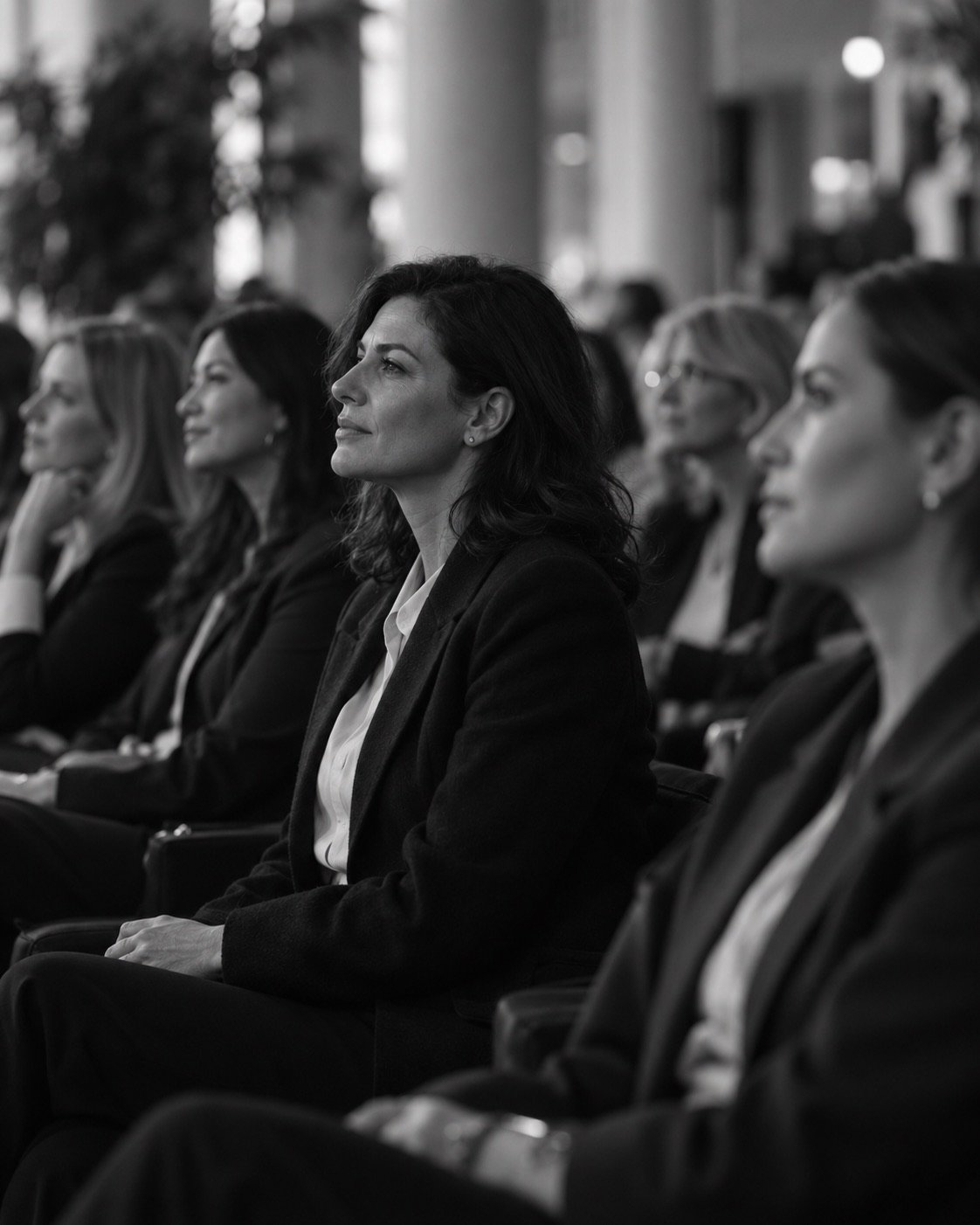 Mujeres de negocios escuchan una presentación, en blanco y negro.