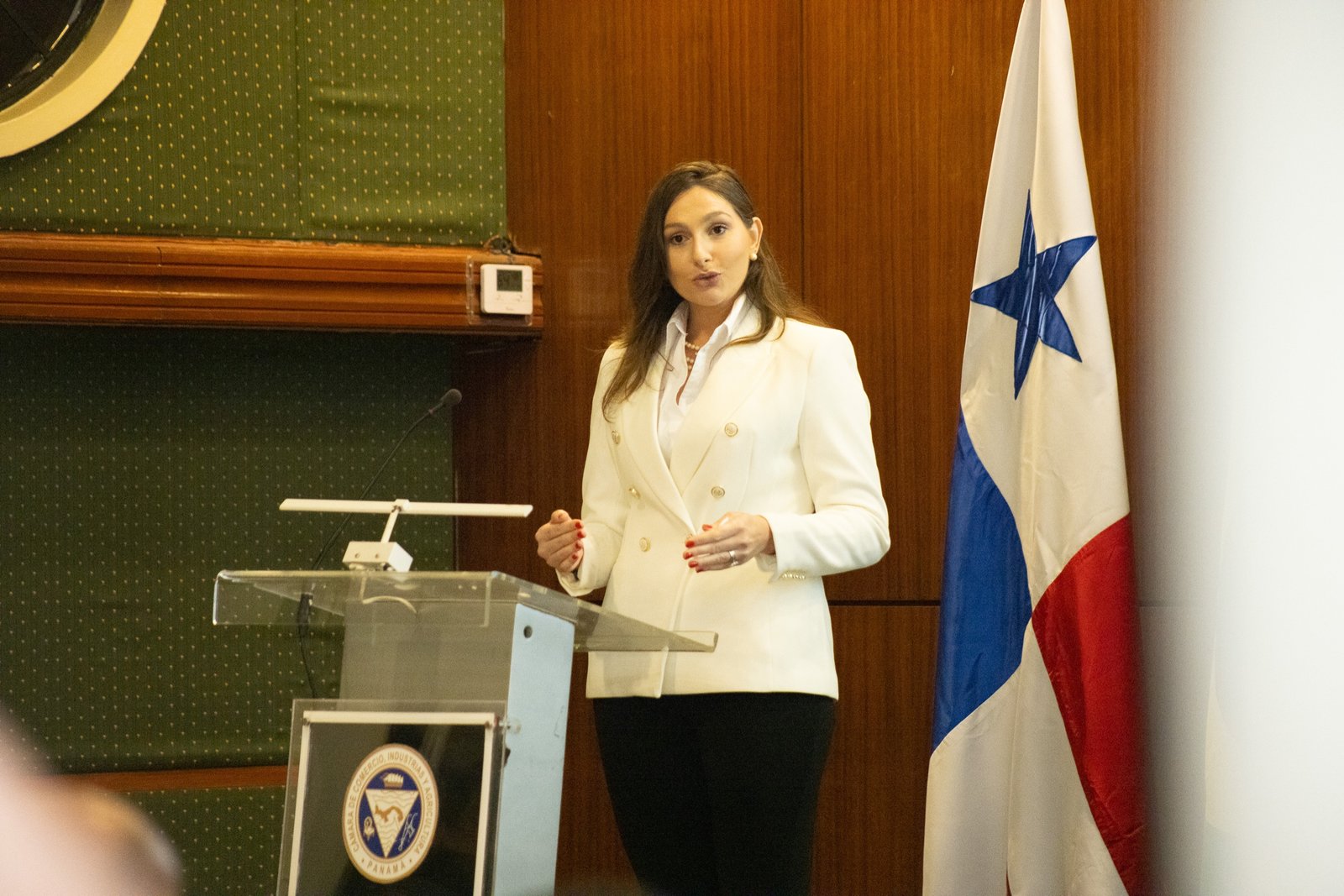 Nina Quisinski presenta ante una audiencia empresarial junto a la bandera de Panamá.