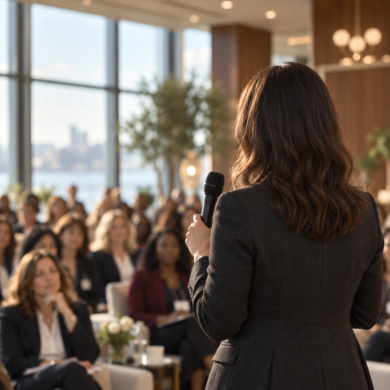Líder empresarial durante una conversación ante una audiencia