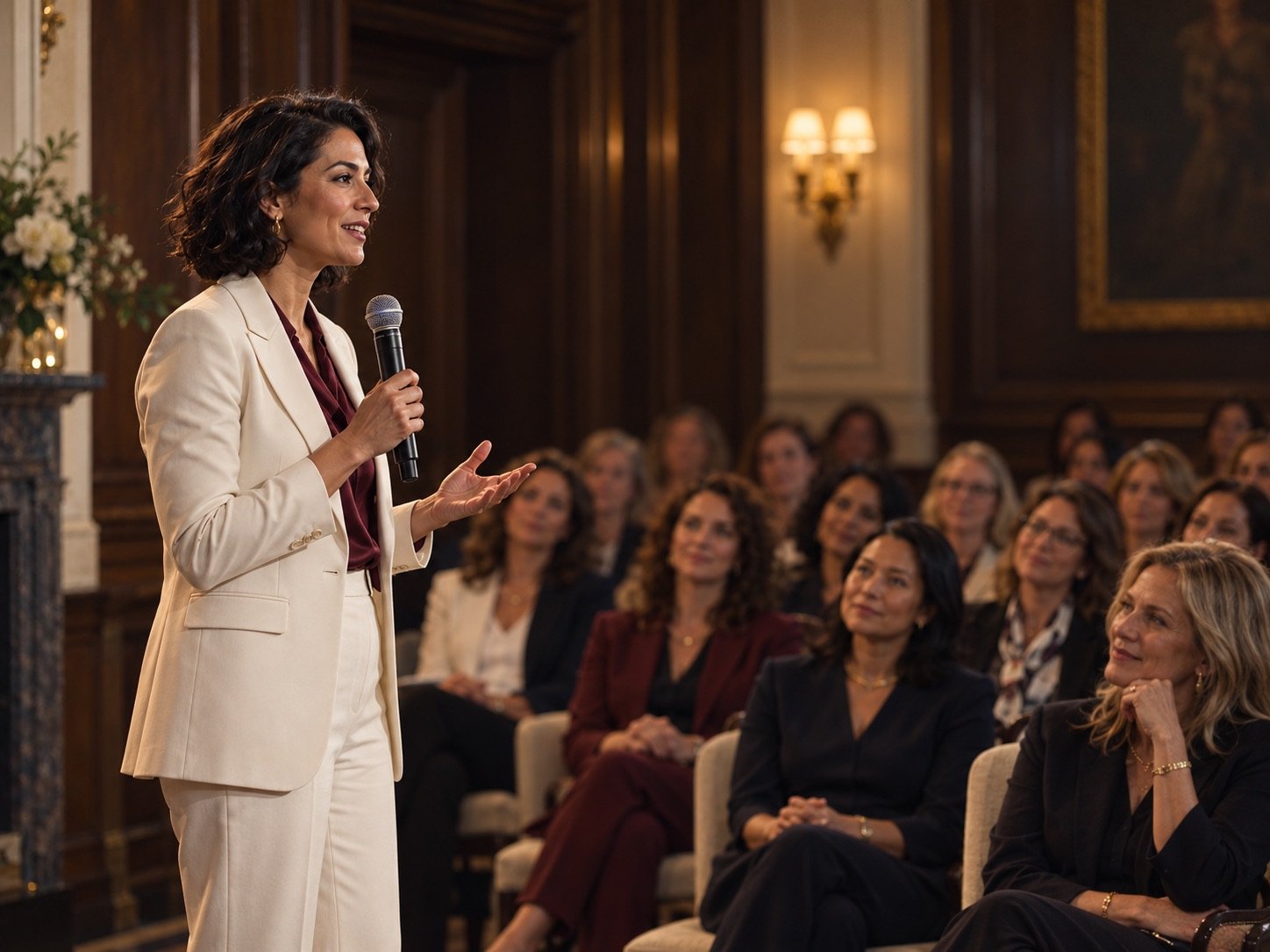 Mujer presentando ante una audiencia de mujeres de negocios.